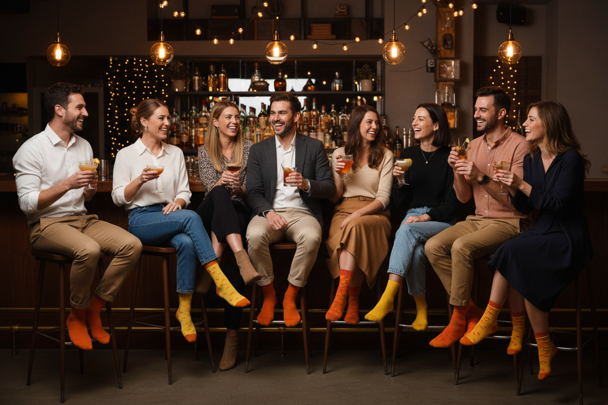 Young people plus professionals wearing sunny sock and having fun at a bar 